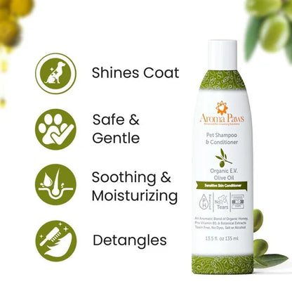 Infographic highlighting gentle cleansing and moisturizing benefits of olive oil dog shampoo