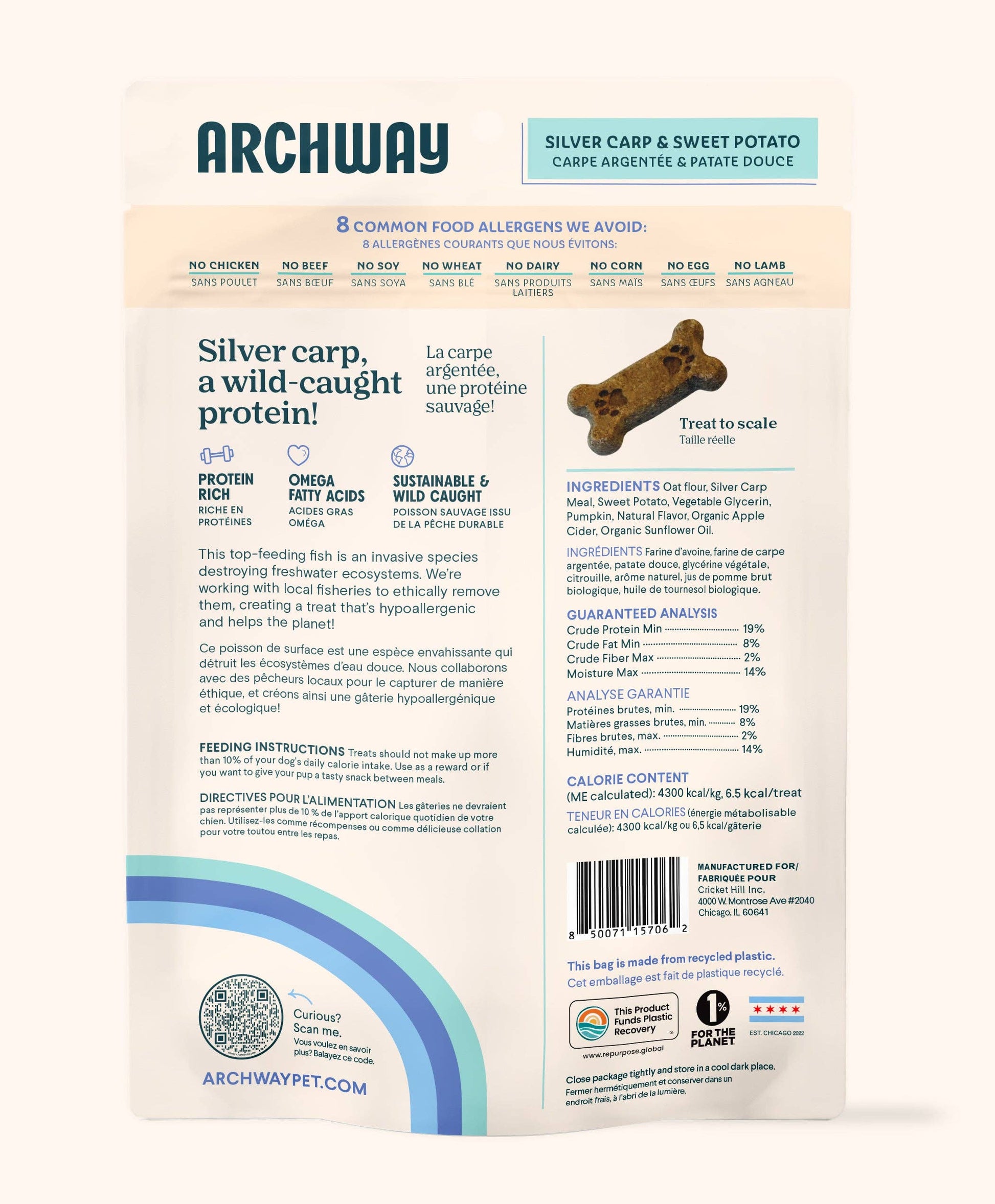 Back of Archway Silver Carp & Sweet Potato dog treats package showing product information and feeding details.