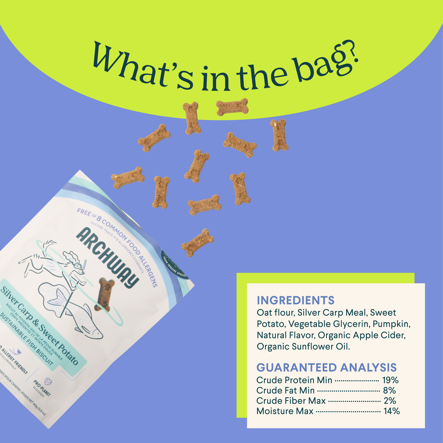 Illustration highlighting the key ingredients in Archway Silver Carp & Sweet Potato dog treats.
