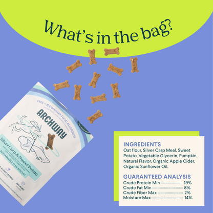 Illustration highlighting the key ingredients in Archway Silver Carp & Sweet Potato dog treats.