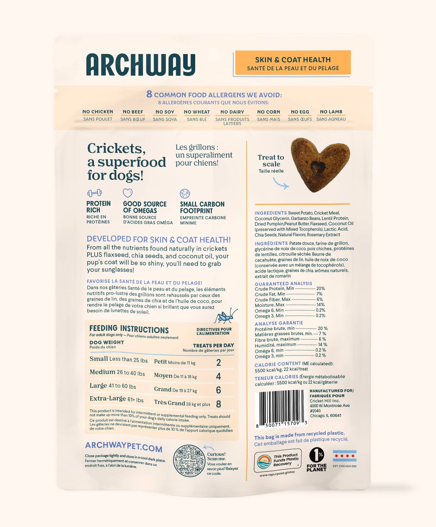 Back of Archway Skin & Coat Health functional dog treats package showing product information and feeding directions.