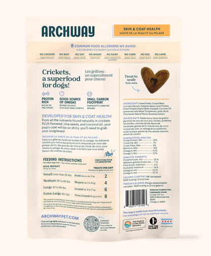 Back of Archway Skin & Coat Health functional dog treats package showing product information and feeding directions.