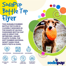 Infographic showing the SodaPup bottle top flyer made from durable, non-toxic rubber and designed for safe dog retrieving.