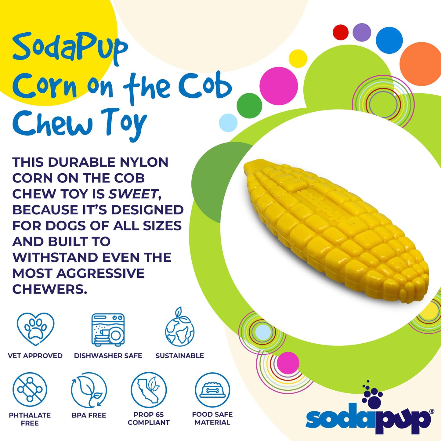 SodaPup Corn on the Cob chew toy product graphic featuring the yellow nylon dog toy