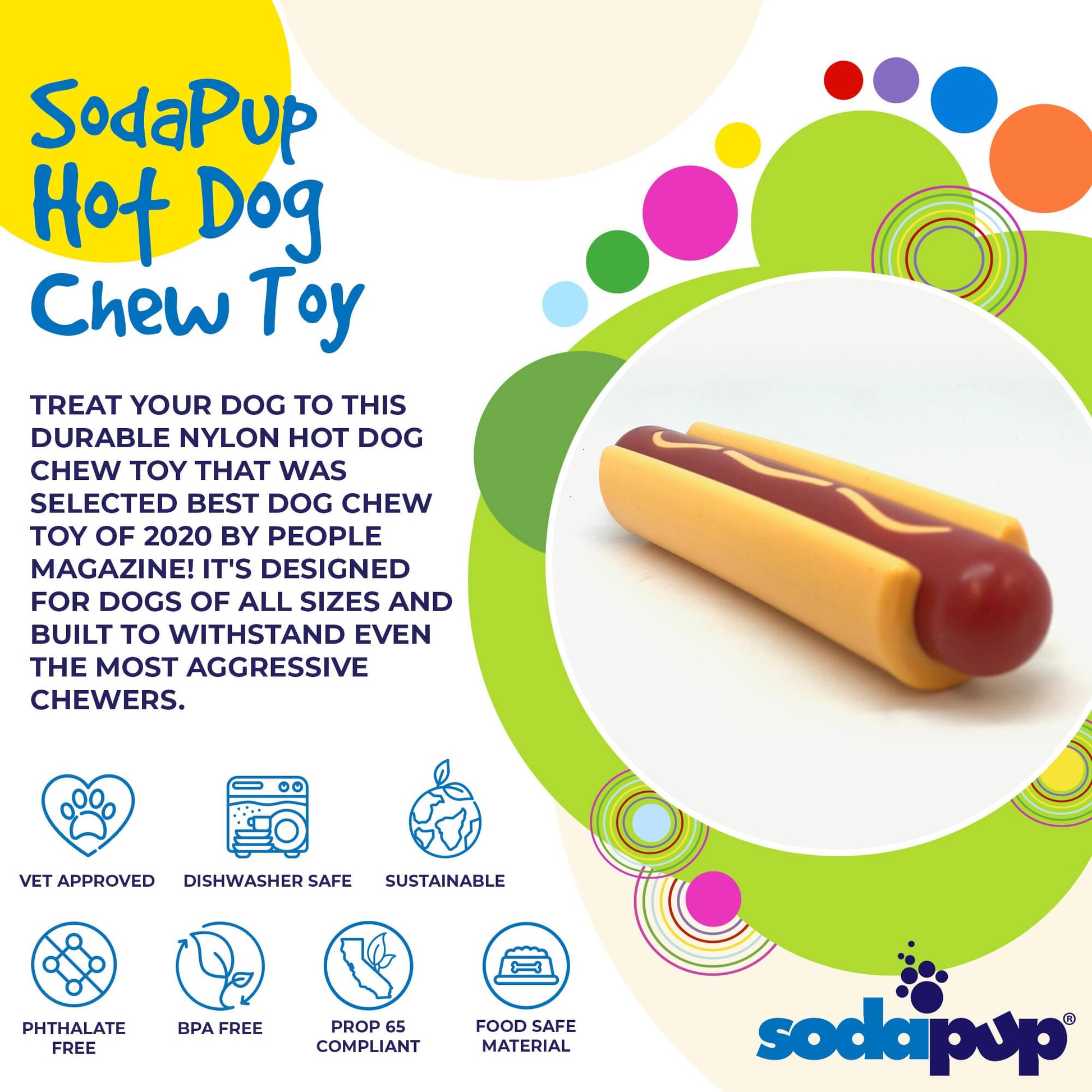 Infographic showing durable hot dog nylon dog chew toy designed for aggressive and power chewers