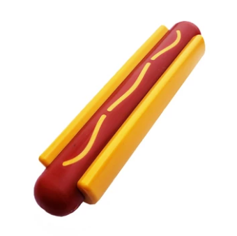 Hot dog shaped nylon dog chew toy for aggressive chewers made in the USA from FDA-compliant materials