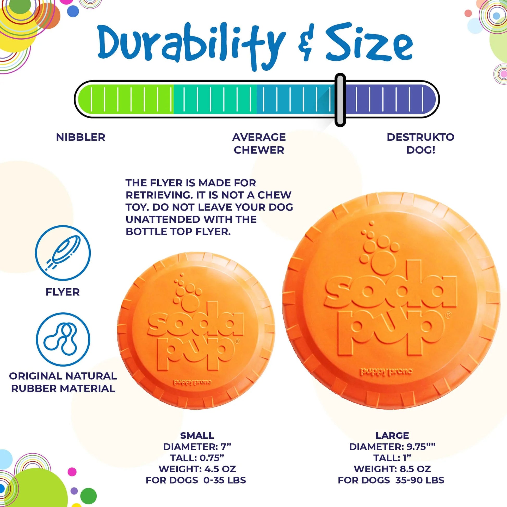 Size and durability comparison of SodaPup rubber dog frisbee options for small and large dogs.