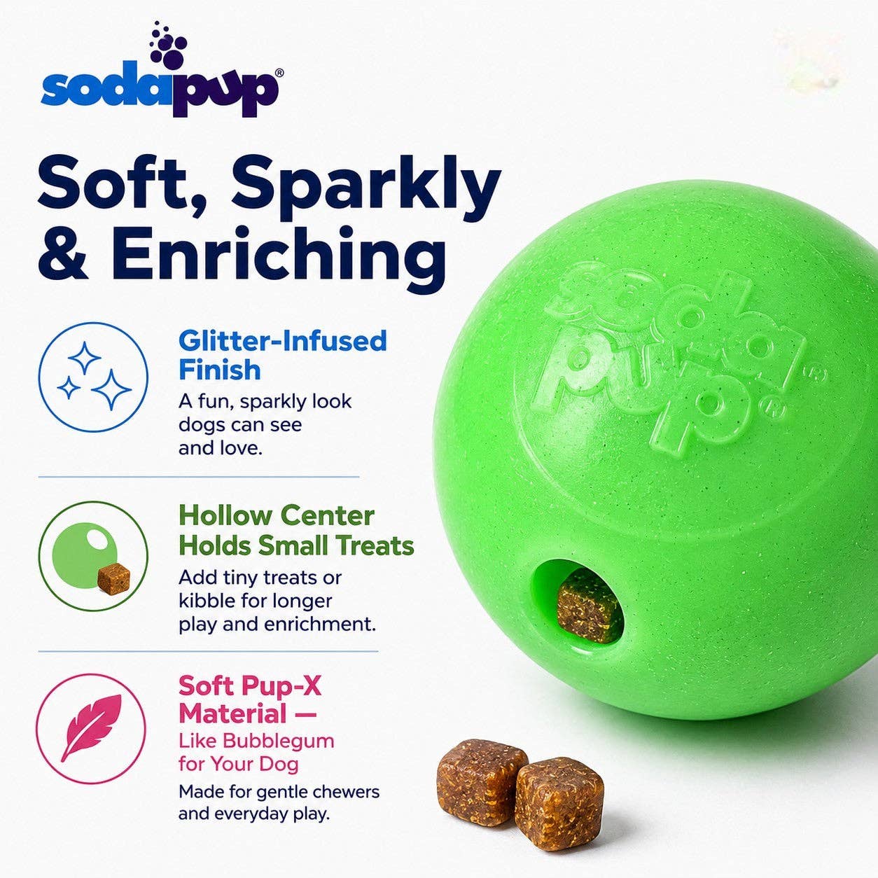 SodaPup graphic featuring the soft Green Glitter dog ball with treats for enrichment play