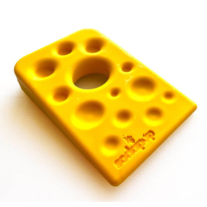 Yellow Swiss cheese wedge heavy duty dog chew toy designed for aggressive chewers