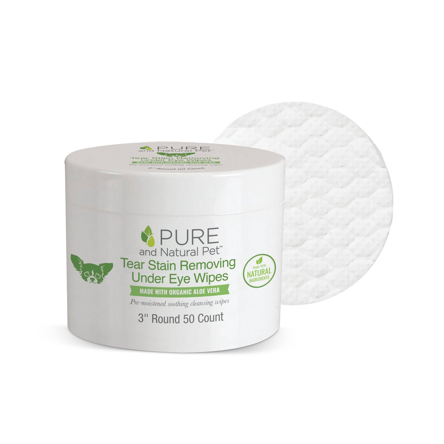 Container of tear stain removing dog eye wipes with unscented, flushable pre-moistened wipes for gentle eye area cleaning