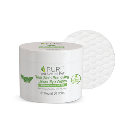 Container of tear stain removing dog eye wipes with unscented, flushable pre-moistened wipes for gentle eye area cleaning