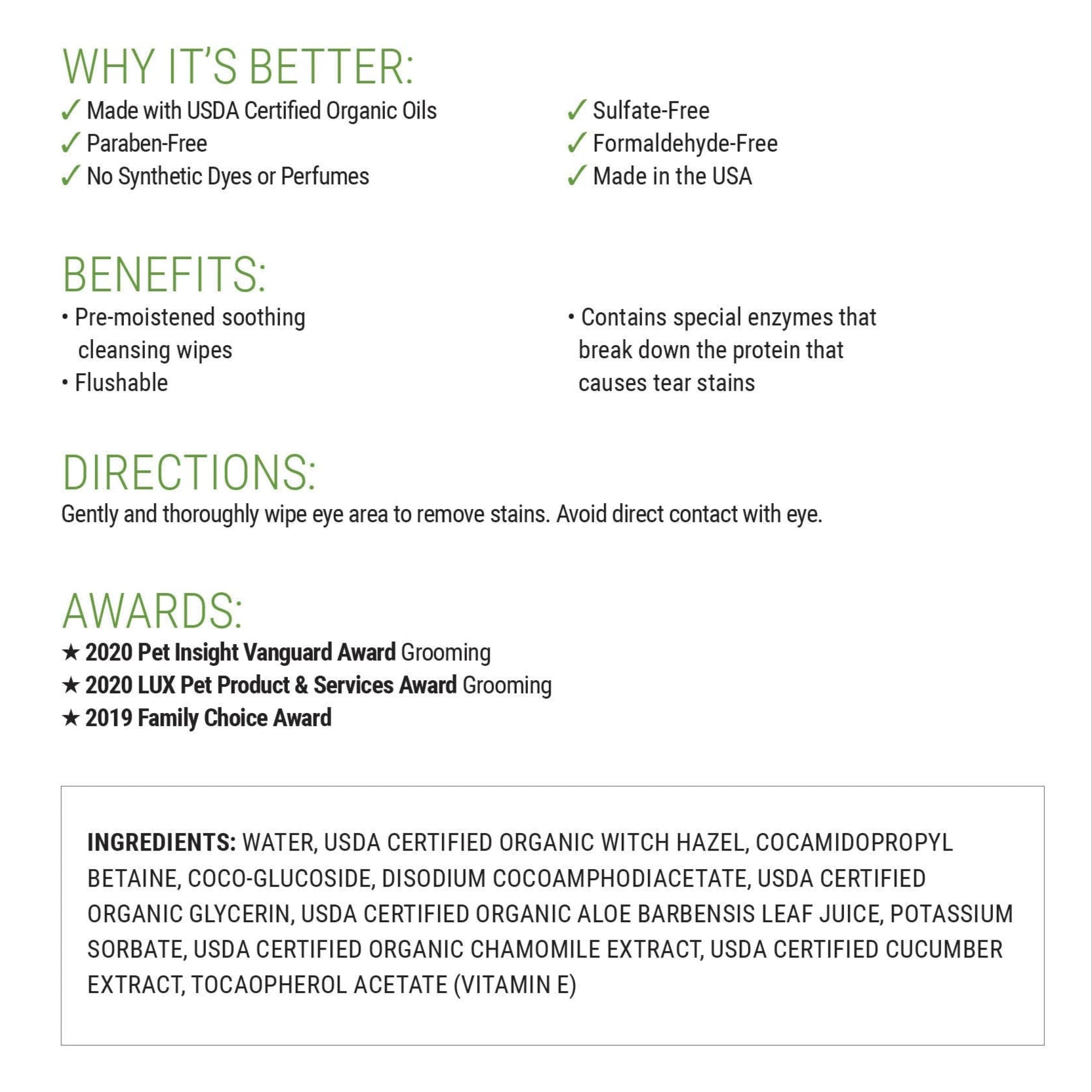 Benefits and usage information for tear stain removing dog eye wipes made with aloe vera and gentle cleansing ingredients