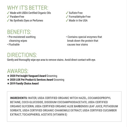 Benefits and usage information for tear stain removing dog eye wipes made with aloe vera and gentle cleansing ingredients