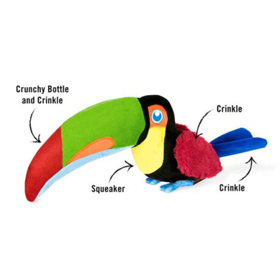 Toucan dog toy showing squeaker, crinkle tail, and bottle element for engaging play