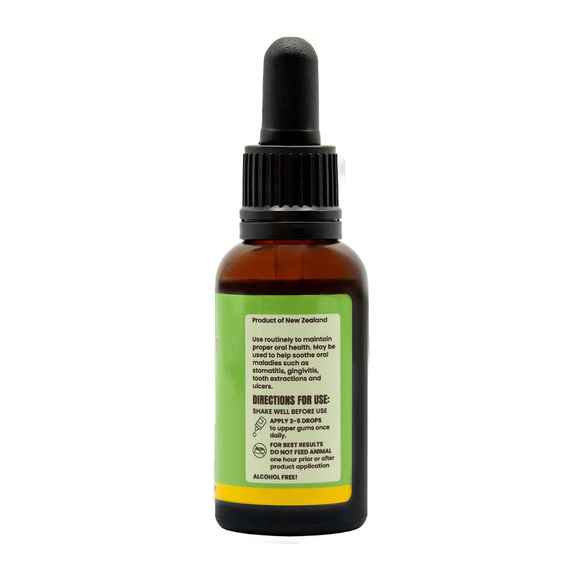 Angled view of dental health drops bottle formulated for dog oral hygiene