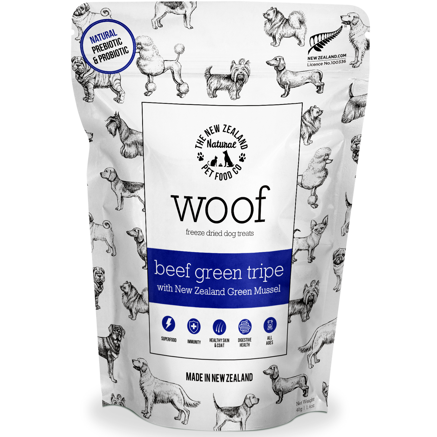 Front packaging of WOOF air-dried beef green tripe and mussel dog treats