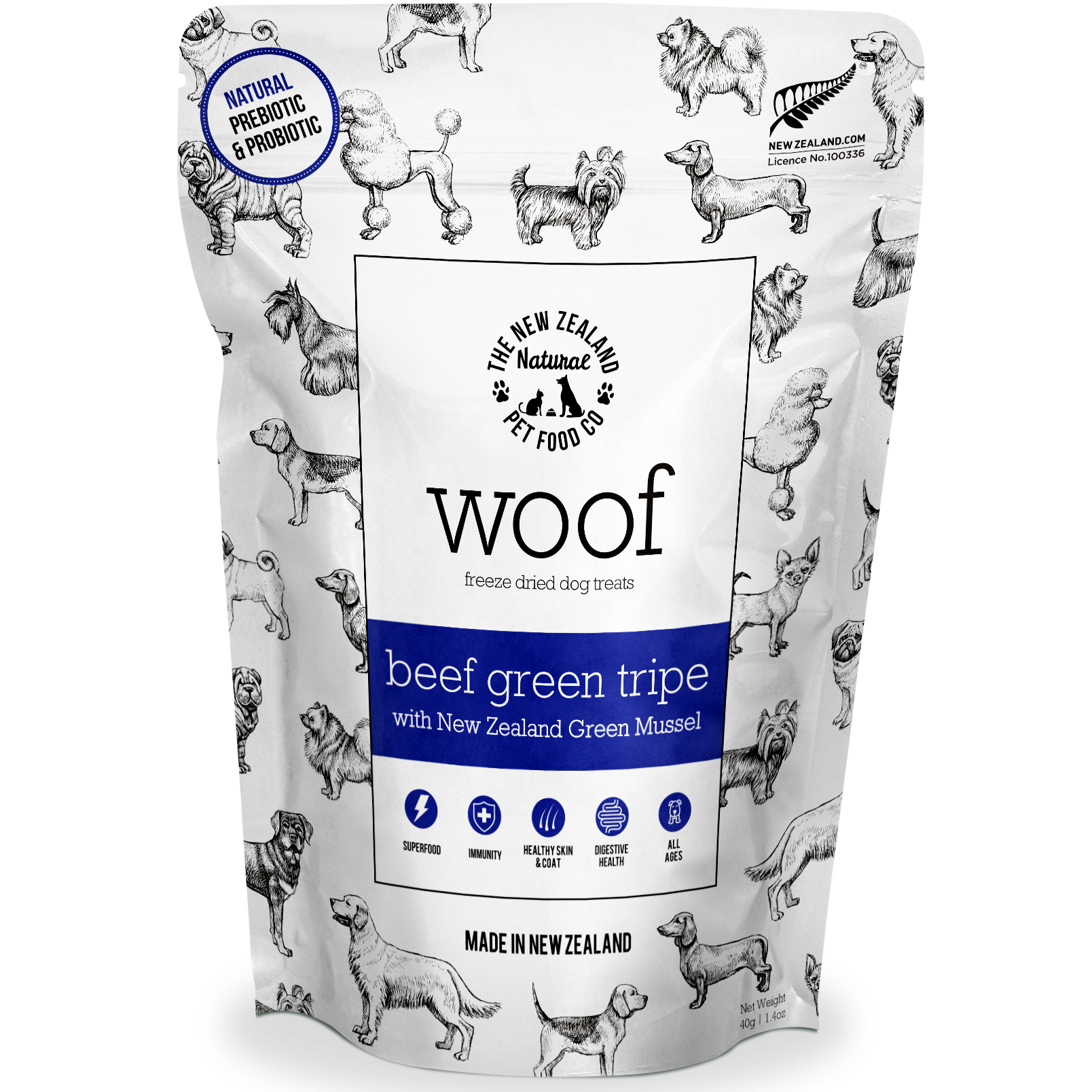 Front packaging of WOOF air-dried beef green tripe and mussel dog treats