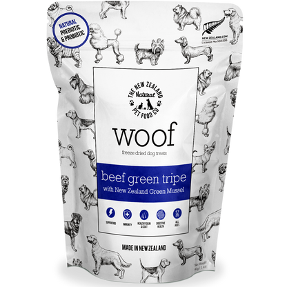 Front packaging of WOOF air-dried beef green tripe and mussel dog treats