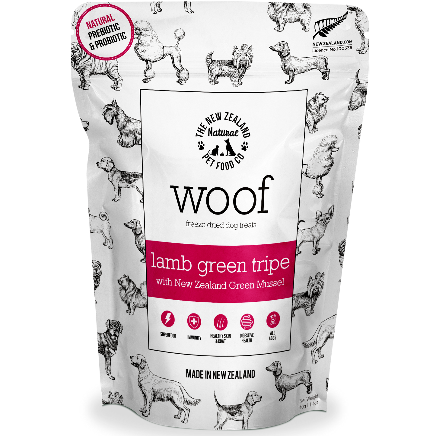 Front packaging of WOOF air-dried lamb green tripe and mussel dog treats