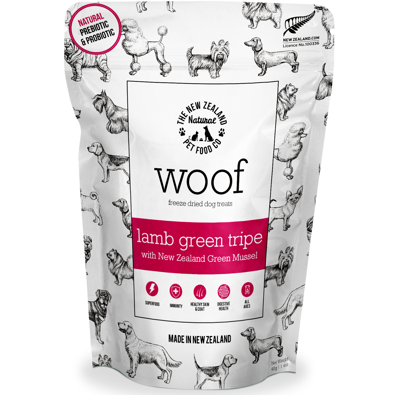 Front packaging of WOOF air-dried lamb green tripe and mussel dog treats