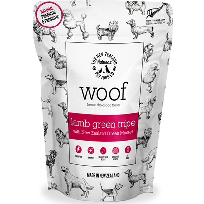 Front packaging of WOOF air-dried lamb green tripe and mussel dog treats