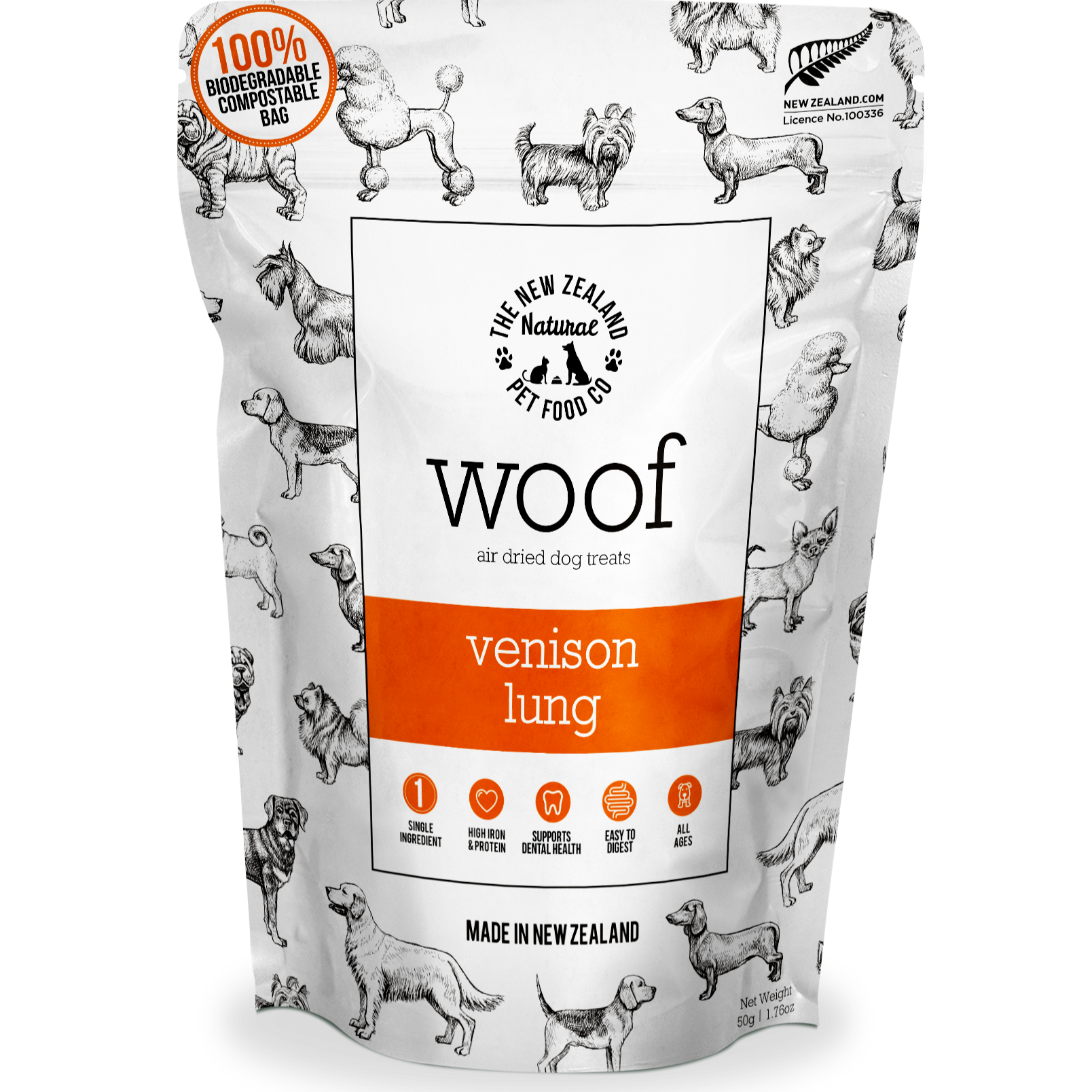 Front packaging of WOOF air-dried venison lung dog treats made from single-ingredient venison