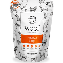 Front packaging of WOOF air-dried venison lung dog treats made from single-ingredient venison