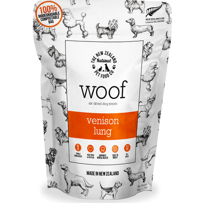 Front packaging of WOOF air-dried venison lung dog treats made from single-ingredient venison