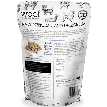 Back packaging of WOOF air-dried beef green tripe and mussel dog treats showing ingredients and product details
