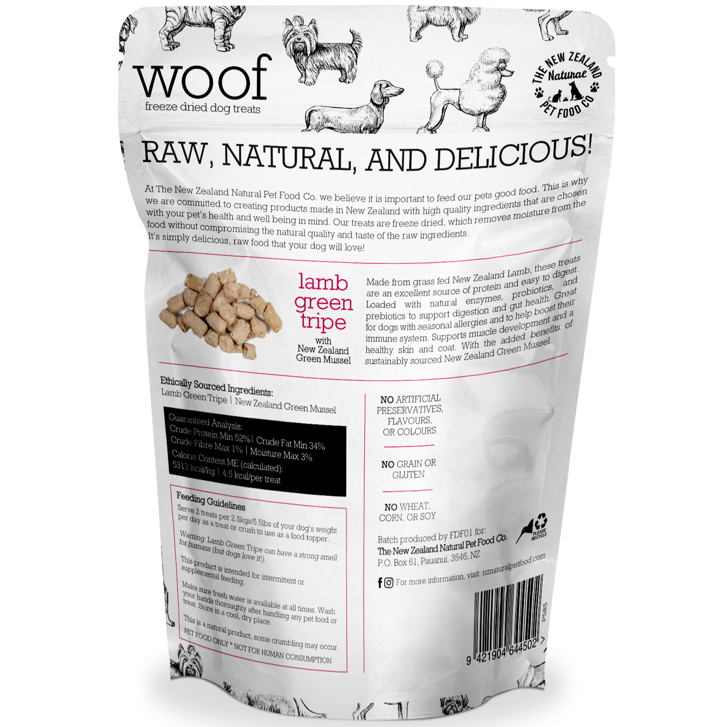 Back packaging of WOOF air-dried lamb green tripe and mussel dog treats showing ingredients and product information