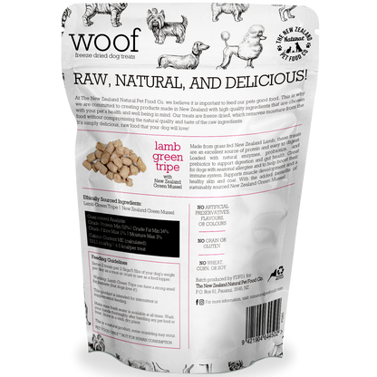 Back packaging of WOOF air-dried lamb green tripe and mussel dog treats showing ingredients and product information