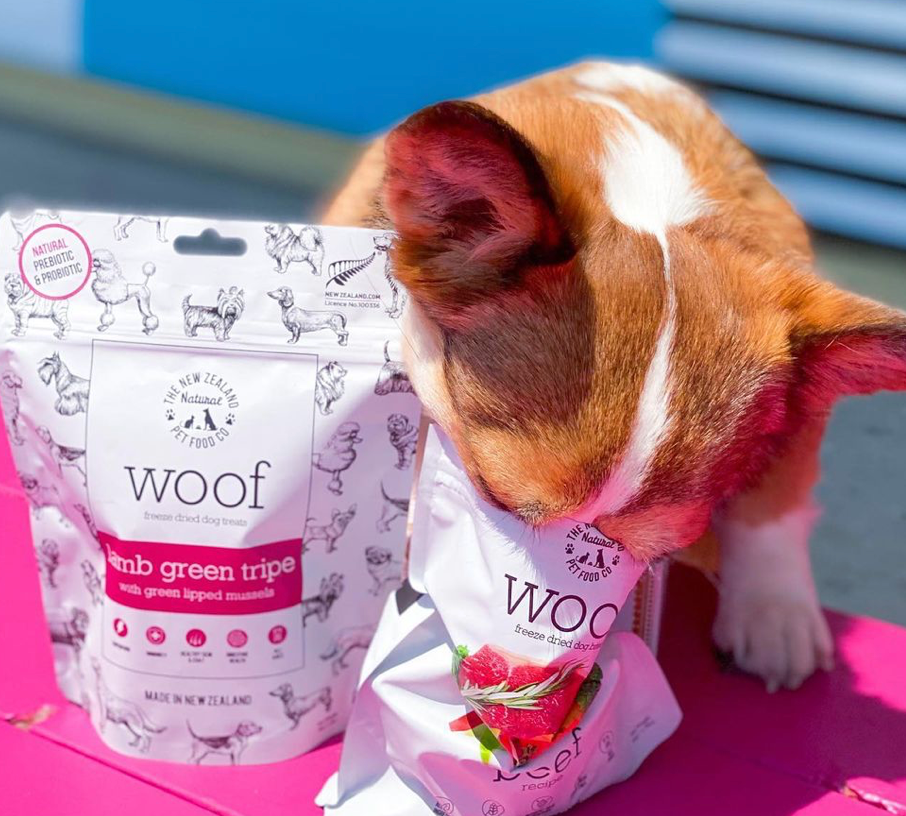 WOOF air-dried lamb green tripe and mussel dog treats shown in everyday use setting