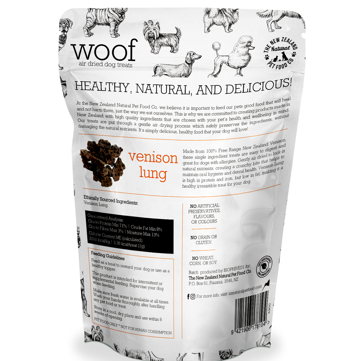 Back packaging of WOOF air-dried venison lung dog treats showing product details and ingredients