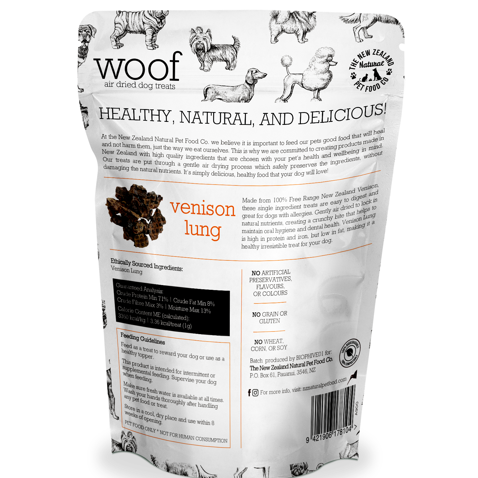 Back packaging of WOOF air-dried venison lung dog treats showing product details and ingredients