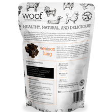 Back packaging of WOOF air-dried venison lung dog treats showing product details and ingredients