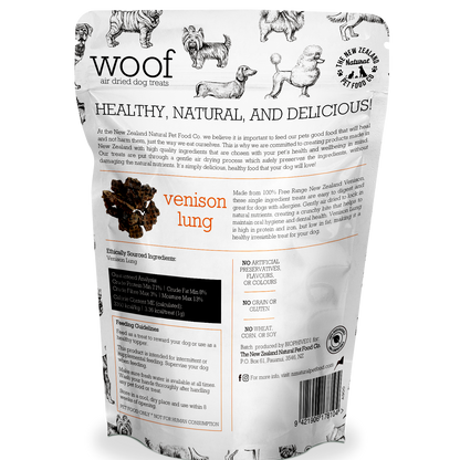 Back packaging of WOOF air-dried venison lung dog treats showing product details and ingredients