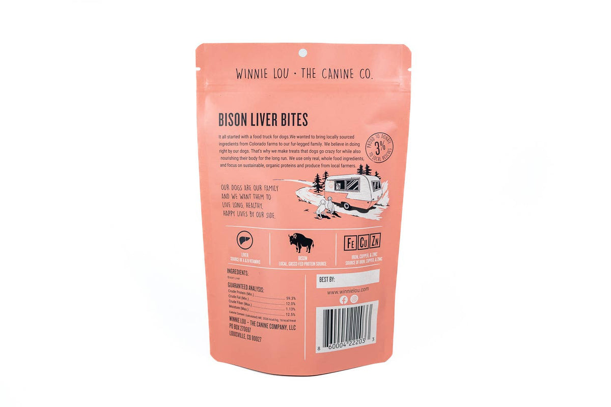 Bag of Winnie Lou Bison Liver Bites made with 100% bison liver