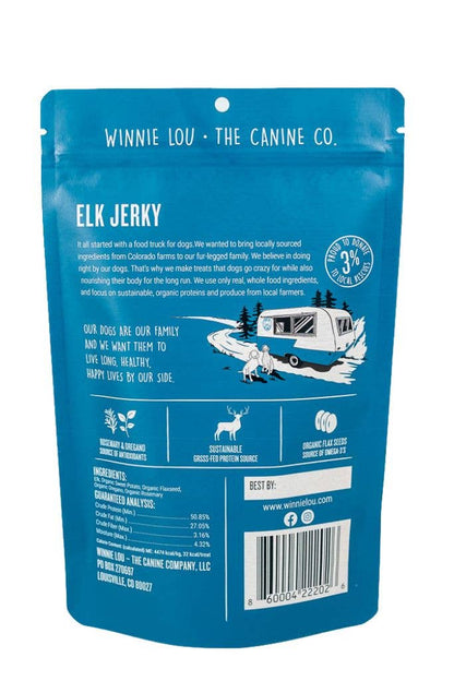 Back of Winnie Lou Elk Jerky dog treat bag with product and nutrition information