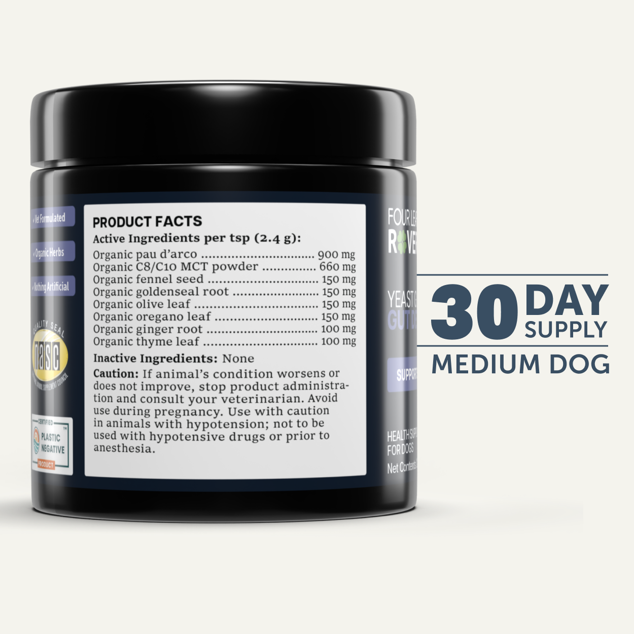 Ingredient label for daily yeast support supplement for dogs promoting microbiome balance
