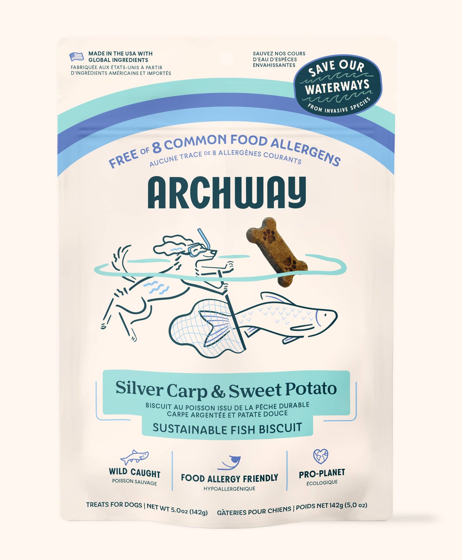Archway Silver Carp & Sweet Potato fish biscuit packaging for dogs on a white background
