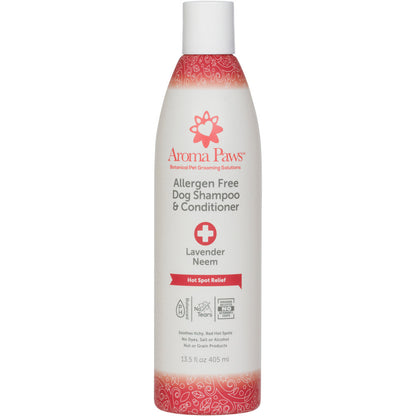 Close-up of Aroma Paws Hot Spot Relief Shampoo and Conditioner bottle. All-natural, pet-friendly formula designed to soothe irritated skin, reduce itching, and provide relief for hot spots. Gentle ingredients for a comfortable bathing experience for dogs.