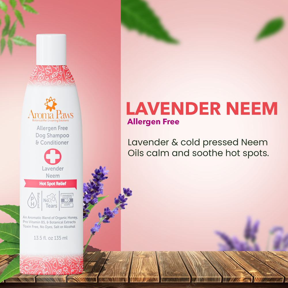 Close-up of Aroma Paws Hot Spot Relief Shampoo and Conditioner bottle. All-natural, pet-friendly formula designed to soothe irritated skin, reduce itching, and provide relief for hot spots. Gentle ingredients for a comfortable bathing experience for dogs.