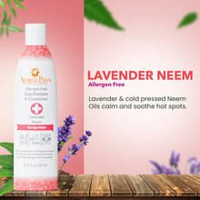 Close-up of Aroma Paws Hot Spot Relief Shampoo and Conditioner bottle. All-natural, pet-friendly formula designed to soothe irritated skin, reduce itching, and provide relief for hot spots. Gentle ingredients for a comfortable bathing experience for dogs.