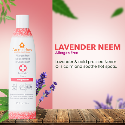 Close-up of Aroma Paws Hot Spot Relief Shampoo and Conditioner bottle. All-natural, pet-friendly formula designed to soothe irritated skin, reduce itching, and provide relief for hot spots. Gentle ingredients for a comfortable bathing experience for dogs.