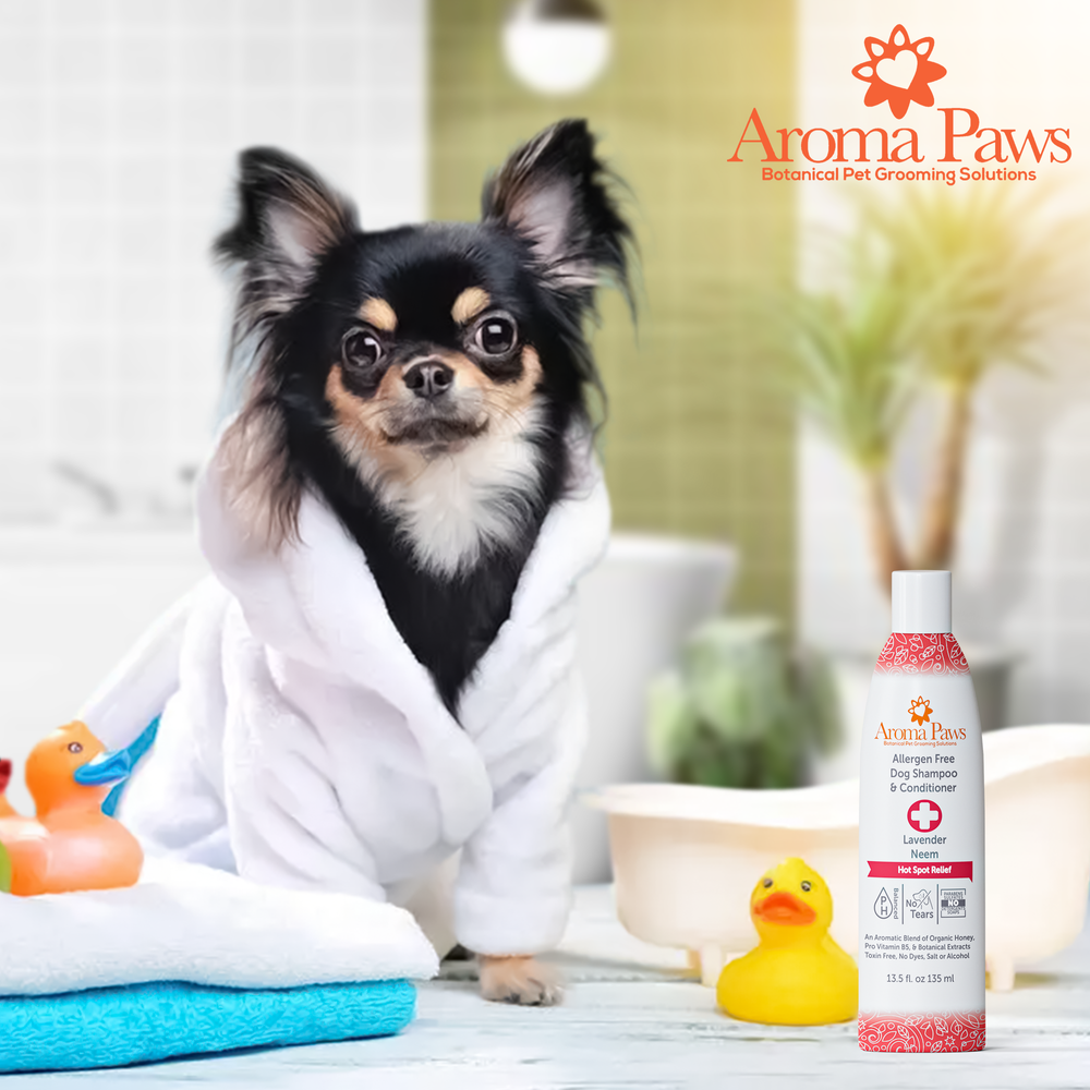 Close-up of Aroma Paws Hot Spot Relief Shampoo and Conditioner bottle. All-natural, pet-friendly formula designed to soothe irritated skin, reduce itching, and provide relief for hot spots. Gentle ingredients for a comfortable bathing experience for dogs.