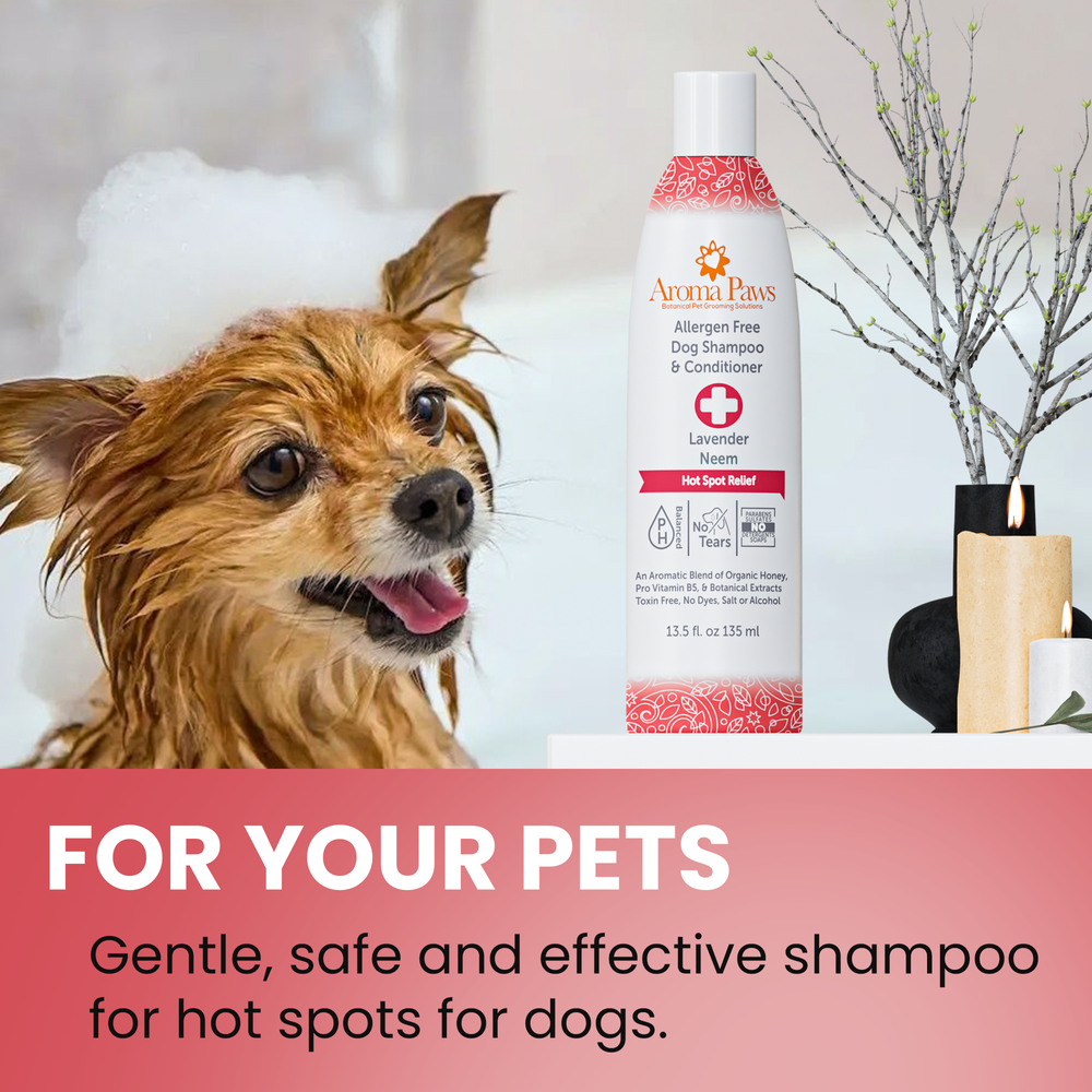 Close-up of Aroma Paws Hot Spot Relief Shampoo and Conditioner bottle. All-natural, pet-friendly formula designed to soothe irritated skin, reduce itching, and provide relief for hot spots. Gentle ingredients for a comfortable bathing experience for dogs.