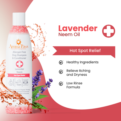 Close-up of Aroma Paws Hot Spot Relief Shampoo and Conditioner bottle. All-natural, pet-friendly formula designed to soothe irritated skin, reduce itching, and provide relief for hot spots. Gentle ingredients for a comfortable bathing experience for dogs.