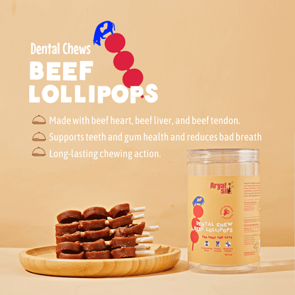 Arya Sit! Natural Dental Chew Beef Lollipops - 100% real beef tendon wrapped with beef, heart, and liver, displayed in skewers, perfect for dogs' dental health and chewing enjoyment.