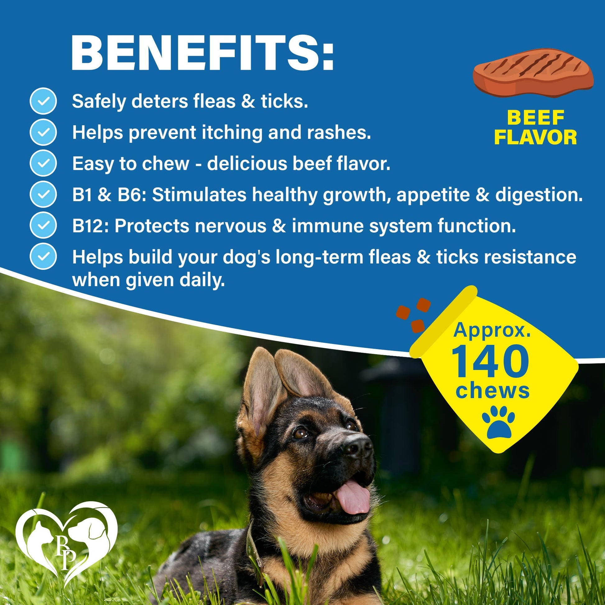 Benefits of Beloved Pets Flea & Tick Prevention Chews displayed with dog image, highlighting natural daily support.
