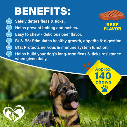 Benefits of Beloved Pets Flea & Tick Prevention Chews displayed with dog image, highlighting natural daily support.